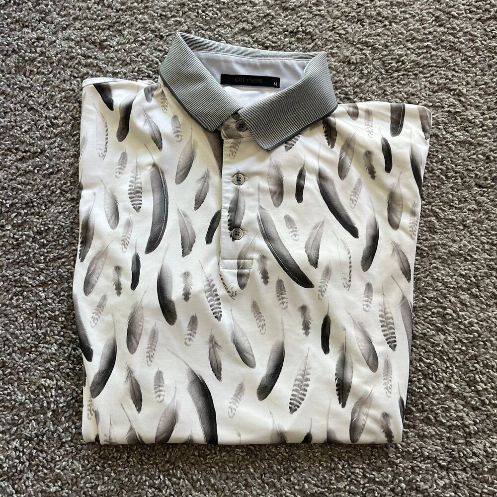 Greyson Forever Flight Performance Golf Polo Feather Print Mens M White Grey